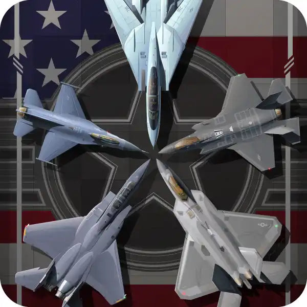 United States air superiority fighter jets, F-14 Tomcat, F-15 Eagle, F-16, F-22 Raptor, F-35 Lightning, aviation wall art on canvas wrap with US flag background.