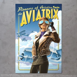 Graphic aviation wall art printed on acrylic, canvas, metal, or poster. Art depicts a female pilot from the pioneering era of powered flight, also called an Aviatrix. The aviatrix wears flight attire with a pilot cap, goggles and a bomber jacket. Wall art depics an adventerous scenery of the aviatrix standing proud with vintage aircraft flying behind her. This is the best selling art on Volitant Visuals.