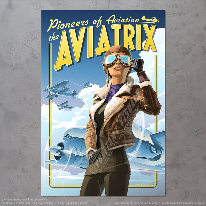 Graphic aviation wall art printed on acrylic, canvas, metal, or poster. Art depicts a female pilot from the pioneering era of powered flight, also called an Aviatrix. The aviatrix wears flight attire with a pilot cap, goggles and a bomber jacket. Wall art depics an adventerous scenery of the aviatrix standing proud with vintage aircraft flying behind her. This is the best selling art on Volitant Visuals.