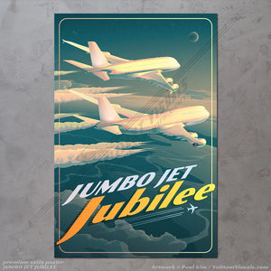 Boeing 747 and Airbus A380 rendered in this aviation artwork, two jumbo jets flying above into a setting sun and night sky. Titled Jumbo Jet Jubilee, in celebration of the Queen of the Skies and the largest airliner ever made. Aviation artwork printed on canvas wrap, premium poster, metal frame or acrylic frame.