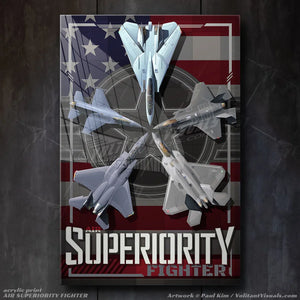 Aviation fighter jet art print titled Air Superiority Fighter, showcasing the US military's iconic fighter jets from the F-14 Tomcat, F-15 Eagle, F-16 Falcon, F-22 Raptor and the F-35 Lightning. American flag and air force roundel in the background. Printed on canvas, poster, metal, acrylic.