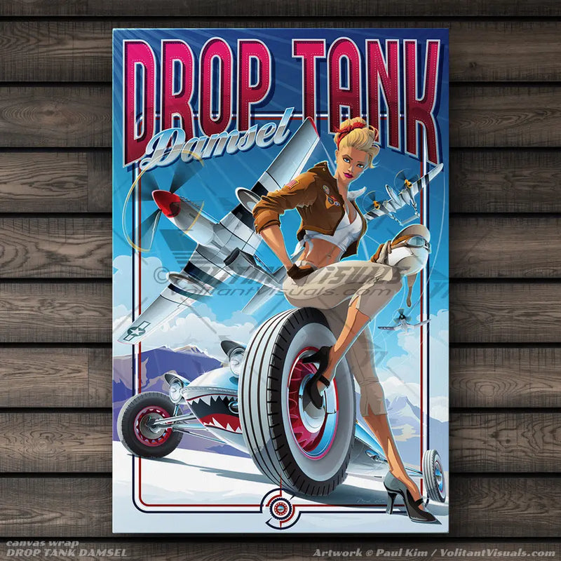 Pin up art of a blonde woman and a drop tank hot rod automobile on the Bonneville Saltflats, with warbirds flying overhead. P-51 Mustang, P-38 Lightning and an F4U Corsair fill the blue sky with bright bold metal letters for the artwork title. Woman has a vintage racing helmet and cropped leather jacket with tight capris and high heels. Aviation artwork printed on canvas wrap, premium poster, metal frame or acrylic frame.
