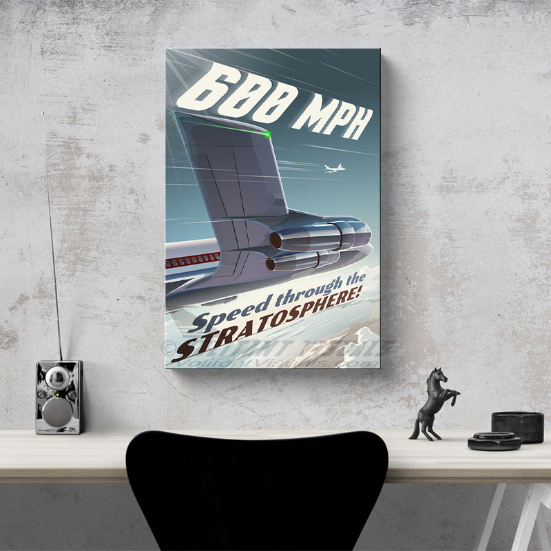 Boeing 707 wing and engines flying over Seattle. Aviation artwork showcases the speed of the jet age airliners. Printed on canvas, poster, metal, acrylic. Aviation art prints only on Volitant Visuals.