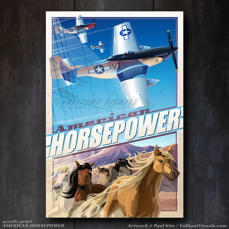 Aviation artwork of World War II warbirds, the P-51 Mustang, with wild mustang horses in the American desert and bright blue skies. Three fighter planes with polished metal bodies flying above running horses. Aviation artwork printed on canvas wrap, premium poster, metal frame or acrylic frame.