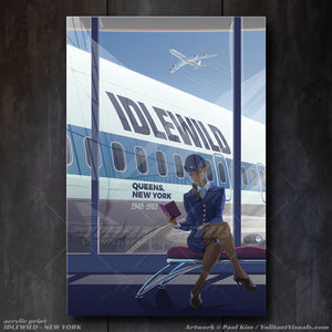 Aviation and airport travel art depicting a stylized shot of a Boeing 707 with a stewardess flight attendant in jet age panam airline uniform reading a book. Art depicts the jet age style in cool hues and traveling styles. Aviation artwork printed on canvas wrap, premium poster, metal frame or acrylic frame.