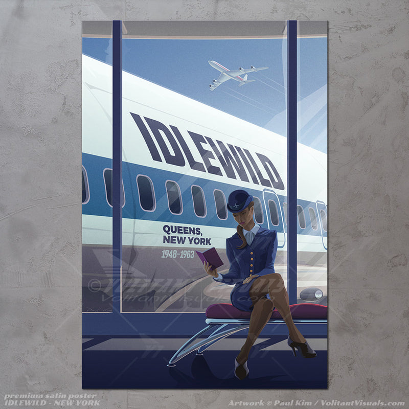 Aviation and airport travel art depicting a stylized shot of a Boeing 707 with a stewardess flight attendant in jet age panam airline uniform reading a book. Art depicts the jet age style in cool hues and traveling styles. Aviation artwork printed on canvas wrap, premium poster, metal frame or acrylic frame.