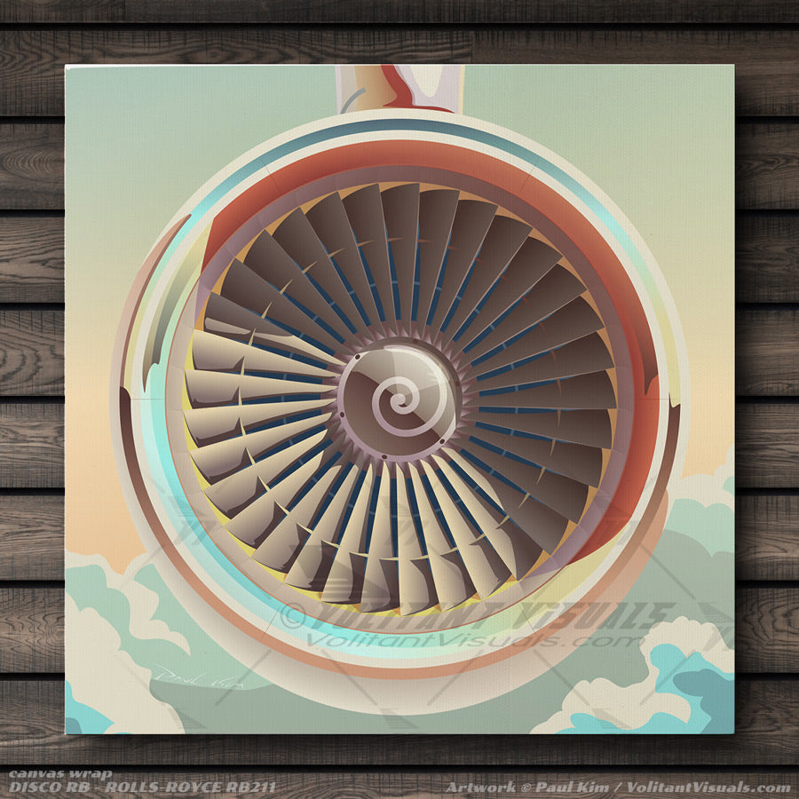 Rolls-Royce RB211 turbofan engine depicted in this aviation art, with 70's themed color palette and a front view of the jet airliner engine. Fanblades, nacelle and polished cowl make up this aircraft artwork. Aviation artwork printed on canvas wrap, premium poster, metal frame or acrylic frame.