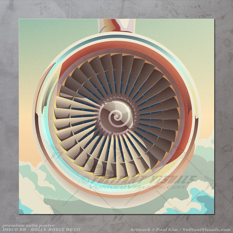 Rolls-Royce RB211 turbofan engine depicted in this aviation art, with 70's themed color palette and a front view of the jet airliner engine. Fanblades, nacelle and polished cowl make up this aircraft artwork. Aviation artwork printed on canvas wrap, premium poster, metal frame or acrylic frame.