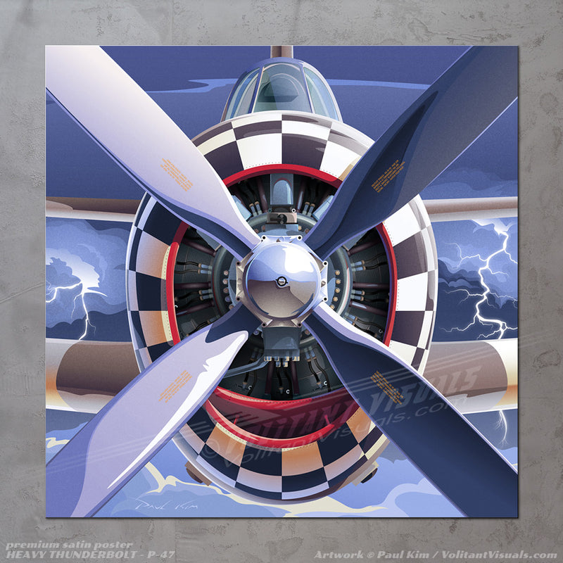 Aviation art of a World War II warbird, the P-47 Thunderbolt, a heavy fighter plane with decorative liveries. Front view of the nose, propeller and the radial piston engine, along with the checkered pattern of the paintjob, with thunder and lightning in the background. Aviation artwork printed on canvas wrap, premium poster, metal frame or acrylic frame.
