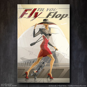 Female woman traveler walking through an airport with a Boeing 747 in the background. This aviation travel art depics a woman in a stylish dress and heels, with a luggage stroller walking with haste. Aviation artwork printed on canvas wrap, premium poster, metal frame or acrylic frame.