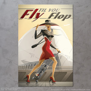Female woman traveler walking through an airport with a Boeing 747 in the background. This aviation travel art depics a woman in a stylish dress and heels, with a luggage stroller walking with haste. Aviation artwork printed on canvas wrap, premium poster, metal frame or acrylic frame.
